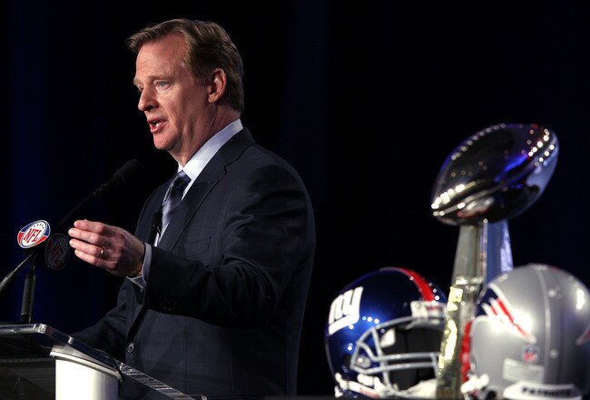 INDIANAPOLIS, IN - FEBRUARY 03:  NFL Commissioner Roger Goodell addresses the media during a news conference ahead of Superbowl XLVI on February 3, 2012 in Indianapolis, Indiana.  (Photo by Jamie Squire/Getty Images)