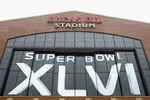 INDIANAPOLIS, IN - FEBRUARY 04:  A general exterior view of Lucas Oil Stadium decorated with official Super Bowl XLVI on February 4, 2012 in Indianapolis, Indiana. Super Bowl XLVI will be played between the New York Giants and the New England Patriots.  (Photo by Ezra Shaw/Getty Images)
