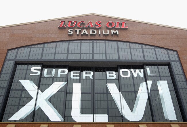 INDIANAPOLIS, IN - FEBRUARY 04:  A general exterior view of Lucas Oil Stadium decorated with official Super Bowl XLVI on February 4, 2012 in Indianapolis, Indiana. Super Bowl XLVI will be played between the New York Giants and the New England Patriots.  (Photo by Ezra Shaw/Getty Images)