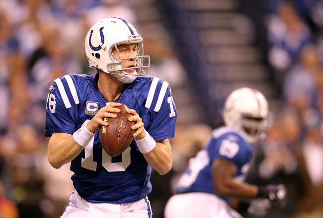 INDIANAPOLIS, IN - JANUARY 08:  Quarterback Peyton Manning #18 of the Indianapolis Colts looks to pass in the first quarter against the New York Jets during their 2011 AFC wild card playoff game at Lucas Oil Stadium on January 8, 2011 in Indianapolis, Indiana.  (Photo by Andy Lyons/Getty Images)