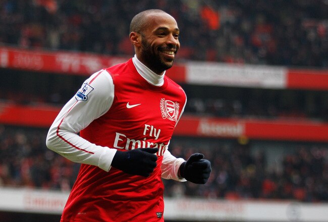 LONDON, ENGLAND - FEBRUARY 04:  Thierry Henry of Arsenal celebrates after scoring Arsenal's seventh goal of the match during the Barclays Premier League match between Arsenal and Blackburn Rovers at Emirates Stadium on February 4, 2012 in London, England.  (Photo by Paul Gilham/Getty Images)