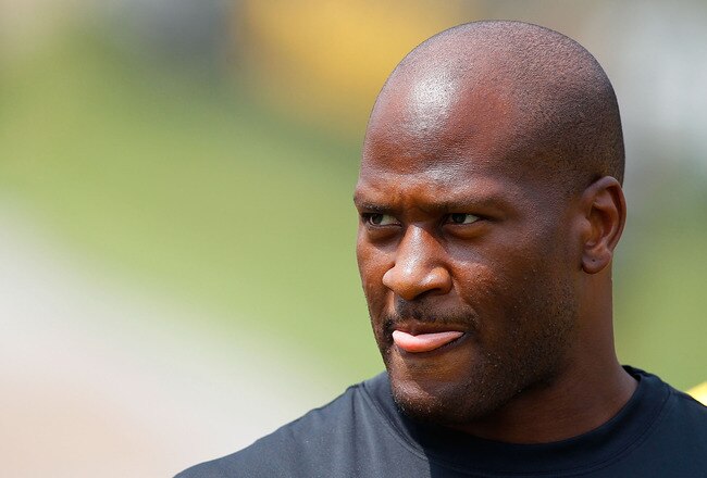 LATROBE, PA - JULY 29:  James Harrison #92 of the Pittsburgh Steelers walks down to the field during training camp on July 29, 2011 at St Vincent College in Latrobe, Pennsylvania.  (Photo by Jared Wickerham/Getty Images)