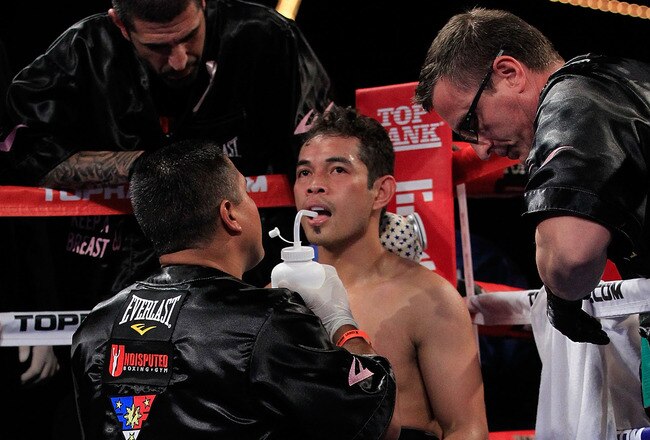 NEW YORK - OCTOBER 22:  Nonito Donaire of the Philippines sit in his corner during the fight against  Omar Narvaez of Argentina in theWBC, WBO World Bantamweight Title bout at Madison Square Garden on October 22, 2011 in New York City.  (Photo by Chris Trotman/Getty Images)