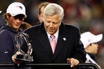FOXBORO, MA - JANUARY 22:  Robert Kraft, team owner of the New England Patriots celebrates with the Lamar Hunt Trophy after his team defeated the Baltimore Ravens in the AFC Championship Game at Gillette Stadium on January 22, 2012 in Foxboro, Massachusetts. The New England Patriots defeated the Baltimore Ravens 20-23.  (Photo by Rob Carr/Getty Images)