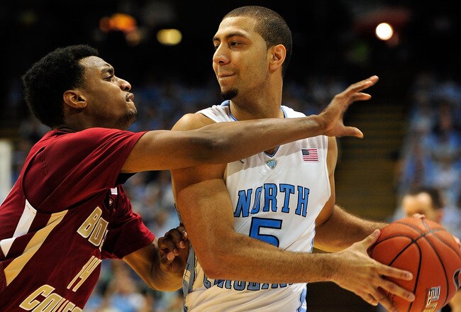 CHAPEL HILL, NC - JANUARY 07:  Matt Humphrey #14 of the Boston College Eagles defends against Kendall Marshall #5 of the North Carolina Tar Heels during play at the Dean Smith Center on January 7, 2012 in Chapel Hill, North Carolina. North Carolina won 83-60.  (Photo by Grant Halverson/Getty Images)