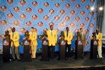 CANTON, OH - AUGUST 6:  The 2011 enshrinement class with their busts at the Enshrinement Ceremony for the Pro Football Hall of Fame on August 6, 2011 in Canton, Ohio.  (Photo by Jason Miller/Getty Images)