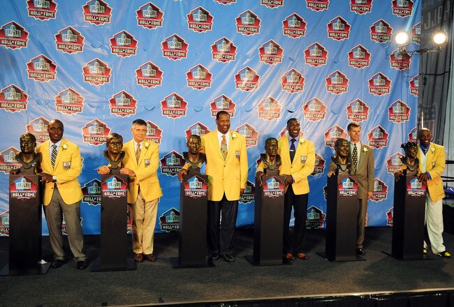 CANTON, OH - AUGUST 6:  The 2011 enshrinement class with their busts at the Enshrinement Ceremony for the Pro Football Hall of Fame on August 6, 2011 in Canton, Ohio.  (Photo by Jason Miller/Getty Images)