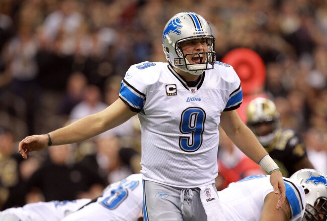 NEW ORLEANS, LA - JANUARY 07:  Matthew Stafford #9 of the Detroit Lions shouts out a play against the New Orleans Saints during their 2012 NFC Wild Card Playoff game at Mercedes-Benz Superdome on January 7, 2012 in New Orleans, Louisiana.  (Photo by Ronald Martinez/Getty Images)