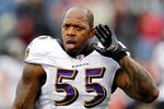FOXBORO, MA - JANUARY 22:  Terrell Suggs #55 of the Baltimore Ravens warms up prior to their AFC Championship Game against the New England Patriots at Gillette Stadium on January 22, 2012 in Foxboro, Massachusetts.  (Photo by Rob Carr/Getty Images)