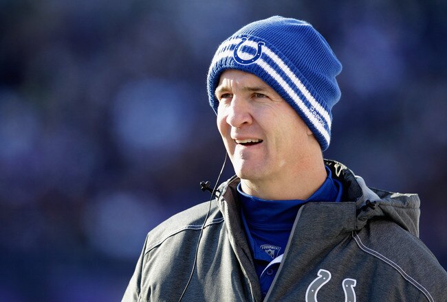 BALTIMORE, MD - DECEMBER 11:  Peyton Manning #18 of the Indianapolis Colts looks on from the sidelines during the second half against the Baltimore Ravens at M&T Bank Stadium on December 11, 2011 in Baltimore, Maryland.  (Photo by Rob Carr/Getty Images)