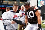 NEW YORK - APRIL 28:  Peyton Hillis #40 of the Cleveland Browns participates in a photo shoot for the cover of EA Sports Madden NFL 12 on April 28, 2011 in Time Square, New York City  (Photo by Mike Stobe/Getty Images for EA Sports)