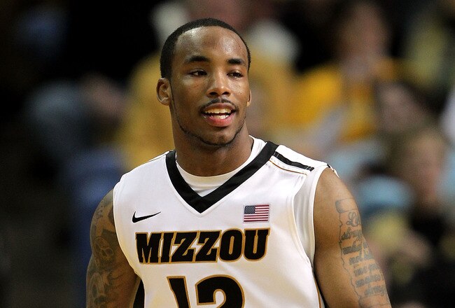 COLUMBIA, MO - JANUARY 28:  Marcus Denmon #12 of the Missouri Tigers reacts after scoring during the game against the Texas Tech Red Raiders on January 28, 2012 at Mizzou Arena in Columbia, Missouri.  (Photo by Jamie Squire/Getty Images)