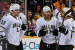 NASHVILLE, TN - JANUARY 05:  Brenden Morrow #10 and Trevor Daley #6 of the Dallas Stars congratulate Mike Ribeiro #63 on scoring a goal against the Nashville Predators at the Bridgestone Arena on January 5, 2012 in Nashville, Tennessee.  (Photo by Frederick Breedon/Getty Images)