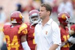 LOS ANGELES, CA - OCTOBER 16:  Head Coach Lane Kiffin of the USC Trojans during warm up against the California Golden Bears at Los Angeles Memorial Coliseum on October 16, 2010 in Los Angeles, California.  (Photo by Harry How/Getty Images)