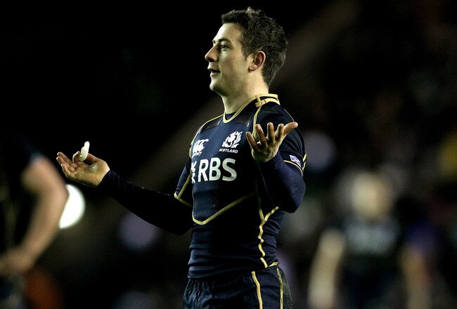 EDINBURGH, SCOTLAND - FEBRUARY 04:  Greig Laidlaw of Scotland reacts after the Third Match Official disallows a try that he believed he had scored during the RBS Six Nations match between Scotland and England at Murrayfield Stadium on February 4, 2012 in Edinburgh, Scotland.  (Photo by Jeff J Mitchell/Getty Images)