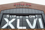 INDIANAPOLIS, IN - FEBRUARY 04:  A general exterior view of Lucas Oil Stadium decorated with official Super Bowl XLVI on February 4, 2012 in Indianapolis, Indiana. Super Bowl XLVI will be played between the New York Giants and the New England Patriots.  (Photo by Ezra Shaw/Getty Images)