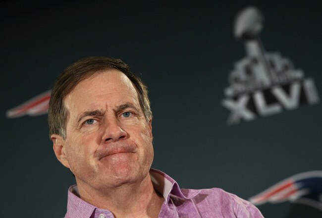 INDIANAPOLIS, IN - FEBRUARY 02:  Head coach Bill Belichick of the New England Patriots answers questions from the press during a media availability session for Super Bowl XLVI at the University Place Conference Center and Hotel on February 2, 2012 in Indianapolis, Indiana.  (Photo by Win McNamee/Getty Images)