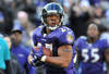 BALTIMORE, MD - DECEMBER 24:  Ray Rice #27 of the Baltimore Ravens hauls in a pass for a touchdown against the Cleveland Browns at M&T Bank Stadium on December 24. 2011 in Baltimore, Maryland. The Ravens lead the Browns 17-0 at the half. (Photo by Larry French/Getty Images)