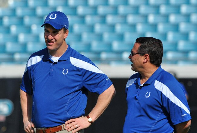 JACKSONVILLE, FL - JANUARY 01: Quarterback Peyton Manning #18 of the Indianapolis Colts talks with offensive coordinator Clyde Christensen before the kickoff against the Jacksonville Jaguars January 1, 2012 at EverBank Field in Jacksonville, Florida.  (Photo by Al Messerschmidt/Getty Images)