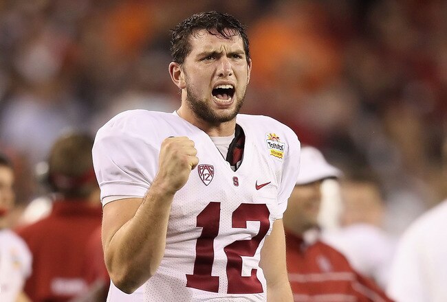 GLENDALE, AZ - JANUARY 02:  Andrew Luck #12 of the Stanford Cardinal reacts during the Tostitos Fiesta Bowl against the Oklahoma State Cowboys on January 2, 2012 at University of Phoenix Stadium in Glendale, Arizona.  (Photo by Christian Petersen/Getty Images)