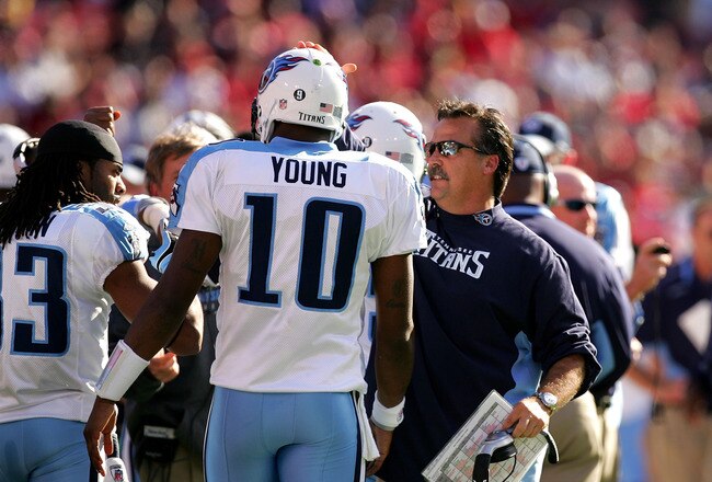 SAN FRANCISCO - NOVEMBER 08:  Head coach Jeff Fisher of the Tennessee Titans congratulates Vince Young #10 after Young ran in for a touchdown against the San Francisco 49ers at Candlestick Park on November 8, 2009 in San Francisco, California.  (Photo by Ezra Shaw/Getty Images)