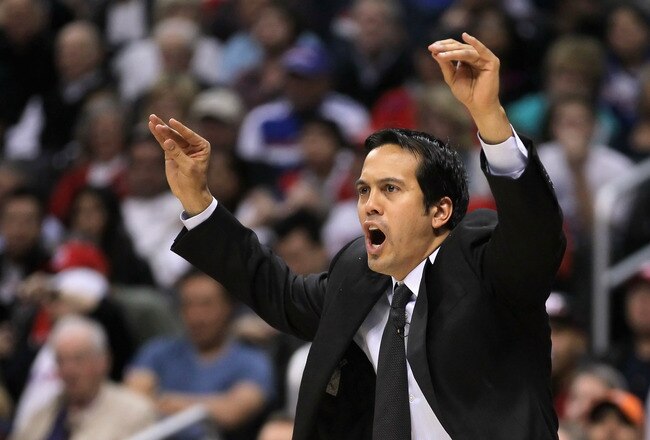 LOS ANGELES, CA - JANUARY 11:  Miami Heat head coach Erik Spoelstra calls out a play in the fourth quarter against the Los Angeles Clippers at Staples Center on January 11, 2012 in Los Angeles, California. The Clippers defeated the Heat 95-89 in overtime.  (Photo by Jeff Gross/Getty Images)
