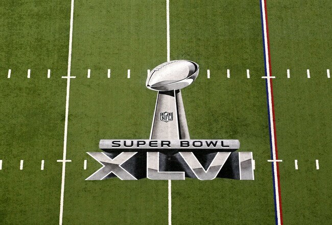 INDIANAPOLIS, IN - FEBRUARY 05:  A detail of the official Super Bowl XLVI logo painted on the field during Super Bowl XLVI between the New York Giants and the New England Patriots at Lucas Oil Stadium on February 5, 2012 in Indianapolis, Indiana.  (Photo by Andy Lyons/Getty Images)