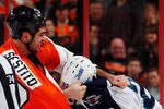 PHILADELPHIA, PA - JANUARY 31:  Chris Thorburn #22 of the Winnipeg Jets fights with Tom Sestito #32 of the Philadelphia Flyers during the third period of an NHL hockey game at Wells Fargo Center on January 31, 2012 in Philadelphia, Pennsylvania.  (Photo by Paul Bereswill/Getty Images)