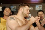 DAVENPORT, IA - APRIL 06:  Roy Nelson (R) of the Lions and Ben Rothwell of the Silverbacks face off during the IFL weigh-in on April 6, 2007 at Hooters in Davenport, Iowa.  (Photo by Brian Bahr/Getty Images)