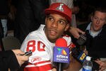 INDIANAPOLIS, IN - FEBRUARY 02:  Victor Cruz #80 of the New York Giants answers questions from the press during a media availability session for Super Bowl XLVI at the Indianapolis Downtown Marriott on February 2, 2012 in Indianapolis, Indiana.  (Photo by Scott Halleran/Getty Images)