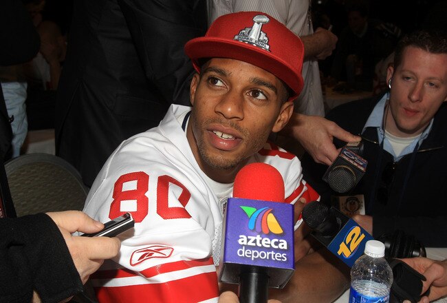 INDIANAPOLIS, IN - FEBRUARY 02:  Victor Cruz #80 of the New York Giants answers questions from the press during a media availability session for Super Bowl XLVI at the Indianapolis Downtown Marriott on February 2, 2012 in Indianapolis, Indiana.  (Photo by Scott Halleran/Getty Images)
