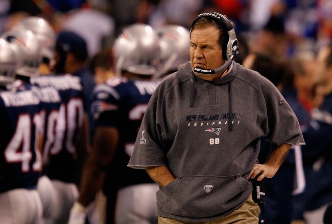 INDIANAPOLIS, IN - FEBRUARY 05:  Head coach Bill Belichick of the New England Patriots watches from the sideline during the game against the New York Giants during Super Bowl XLVI at Lucas Oil Stadium on February 5, 2012 in Indianapolis, Indiana.  (Photo by Rob Carr/Getty Images)