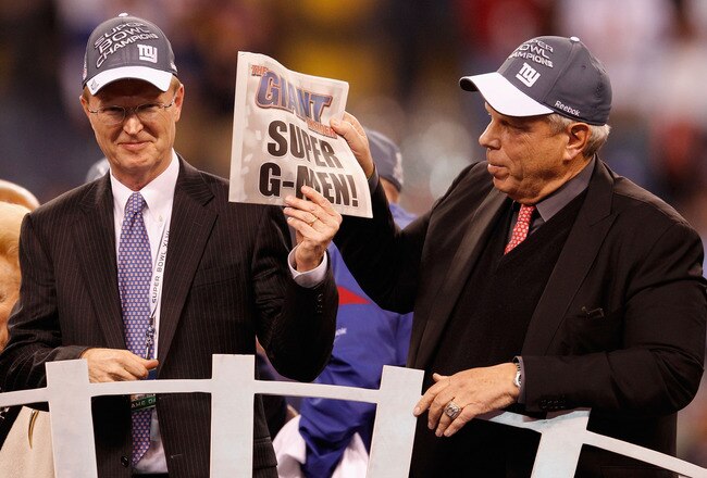 INDIANAPOLIS, IN - FEBRUARY 05:  Co-Owners John Mara and Steve Tisch of the New York Giants celebrate after defeating the New England Patriots 21-17 during Super Bowl XLVI at Lucas Oil Stadium on February 5, 2012 in Indianapolis, Indiana.  (Photo by Rob Carr/Getty Images)