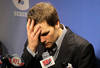 INDIANAPOLIS, IN - FEBRUARY 05:  Quarterback Tom Brady #12 of the New England Patriots speaks to the media after losing to the New York Giants in Super Bowl XLVI at Lucas Oil Stadium on February 5, 2012 in Indianapolis, Indiana. The New York Giants defeated the New England Patriots 21-17.  (Photo by Jamie Squire/Getty Images)