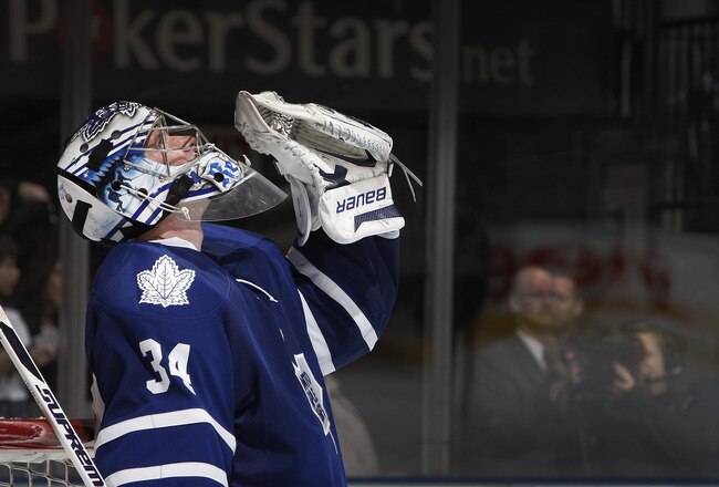 TORONTO, CANADA - MARCH 19  James Reimer #34 of the Toronto Maple Leafs celebrates the 5-2 win over the Boston Bruins during game action at the Air Canada Centre March 19, 2011 in Toronto, Ontario, Canada. (Photo by Abelimages/Getty Images)