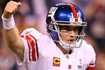 INDIANAPOLIS, IN - FEBRUARY 05:  Eli Manning #10 of the New York Giants reacts in the first half while taking on the New England Patriots during Super Bowl XLVI at Lucas Oil Stadium on February 5, 2012 in Indianapolis, Indiana. Manning, named MVP, led the Giants to a 21-17 victory.  (Photo by Al Bello/Getty Images)