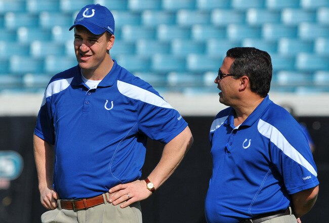 JACKSONVILLE, FL - JANUARY 01: Quarterback Peyton Manning #18 of the Indianapolis Colts talks with offensive coordinator Clyde Christensen before the kickoff against the Jacksonville Jaguars January 1, 2012 at EverBank Field in Jacksonville, Florida.  (Photo by Al Messerschmidt/Getty Images)
