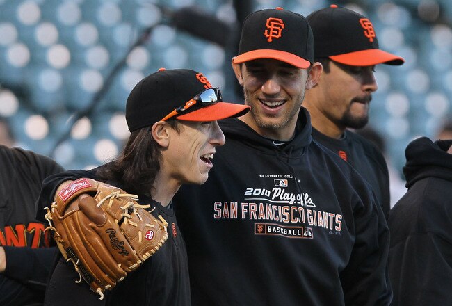 SAN FRANCISCO - OCTOBER 25:  Tim Lincecum #55 of the San Francisco Giants laughs with teammate Madison Bumgarner #40 during a team workout at AT&T Park on October 25, 2010 in San Francisco, California. The Giants are preparing to face the Texas Rangers in the 2010 World Series.  (Photo by Justin Sullivan/Getty Images)