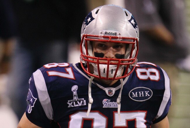 INDIANAPOLIS, IN - FEBRUARY 05:  Rob Gronkowski #87 of the New England Patriots runs on the field before the New England Patriots take on the New York Giants in Super Bowl XLVI at Lucas Oil Stadium on February 5, 2012 in Indianapolis, Indiana.  (Photo by Jeff Gross/Getty Images)