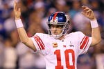 INDIANAPOLIS, IN - FEBRUARY 05:  Eli Manning #10 of the New York Giants reacts against the New England Patriots during Super Bowl XLVI at Lucas Oil Stadium on February 5, 2012 in Indianapolis, Indiana.  (Photo by Jamie Squire/Getty Images)