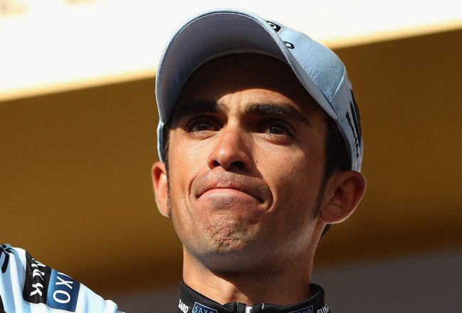 ALPE D'HUEZ, FRANCE - JULY 22:  Alberto Contador of Spain and Saxo Bank Sungard looks disappointed after receiving the performance of the day award but heads into the final two stages 03'55@@ adrift of the race leader after Stage 19 of the 2011 Tour de France from  Modane to Alpe d'Huez  on July 22, 2011 in Alpe d'Huez, France.  (Photo by Michael Steele/Getty Images)