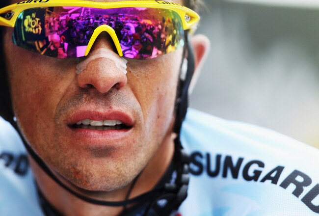 LUZ-ARDIDEN, FRANCE - JULY 14:  Alberto Contador of Spain and Saxo Bank Sungard catches his breath after finishing stage twelve of the 2011 Tour de France from Cugnaux to Luz-Ardiden on July 14, 2011 in Luz-Ardiden, France.  (Photo by Bryn Lennon/Getty Images)