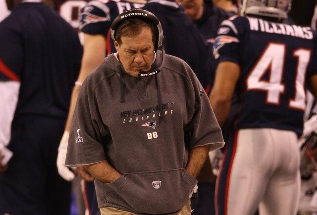 INDIANAPOLIS, IN - FEBRUARY 05:  Head coach Bill Belichick of the New England Patriots walks on the sidelines during Super Bowl XLVI at Lucas Oil Stadium on February 5, 2012 in Indianapolis, Indiana.  (Photo by Win McNamee/Getty Images)