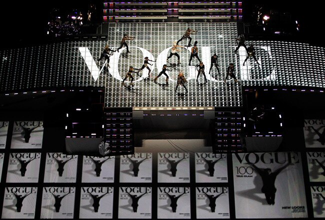 INDIANAPOLIS, IN - FEBRUARY 05:  Singer Madonna performs during the Bridgestone Super Bowl XLVI Halftime Show at Lucas Oil Stadium on February 5, 2012 in Indianapolis, Indiana.  (Photo by Andy Lyons/Getty Images)