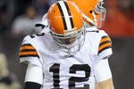 CLEVELAND, OH - DECEMBER 4: Quarterback Colt McCoy #12 of the Cleveland Browns looks to his hands after throwing an incomplete pass during the fourth quarter against the Baltimore Ravens at Cleveland Browns Stadium on December 4, 2011 in Cleveland, Ohio. The Ravens debated the Browns 24-10. (Photo by Jason Miller/Getty Images)