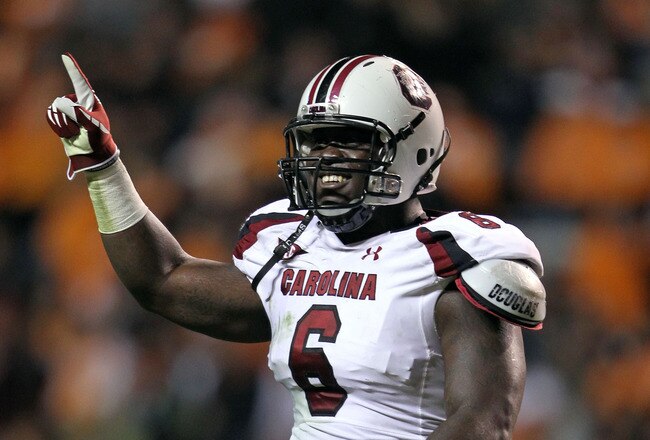 KNOXVILLE, TN - OCTOBER 29: Melvin Ingram #6 of the South Carolina Gamecocks celebrates during the game against the Tennessee Volunteers at Neyland Stadium on October 29, 2011 in Knoxville, Tennessee.  (Photo by Andy Lyons/Getty Images)