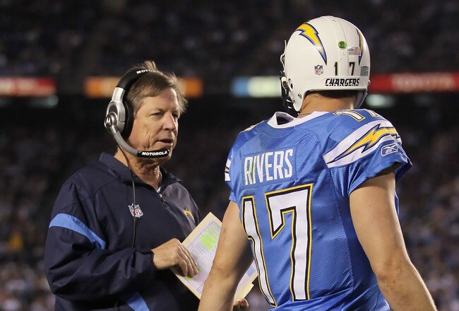 SAN DIEGO, CA - DECEMBER 18:  San Diego Chargers head coach Norv Turner talks with quarterback Philip Rivers #17 against the Baltimore Ravens at Qualcomm Stadium on December 18, 2011 in San Diego, California.  (Photo by Jeff Gross/Getty Images)