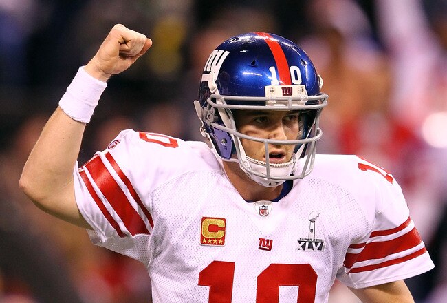 INDIANAPOLIS, IN - FEBRUARY 05:  Eli Manning #10 of the New York Giants reacts in the first half while taking on the New England Patriots during Super Bowl XLVI at Lucas Oil Stadium on February 5, 2012 in Indianapolis, Indiana. Manning, named MVP, led the Giants to a 21-17 victory.  (Photo by Al Bello/Getty Images)
