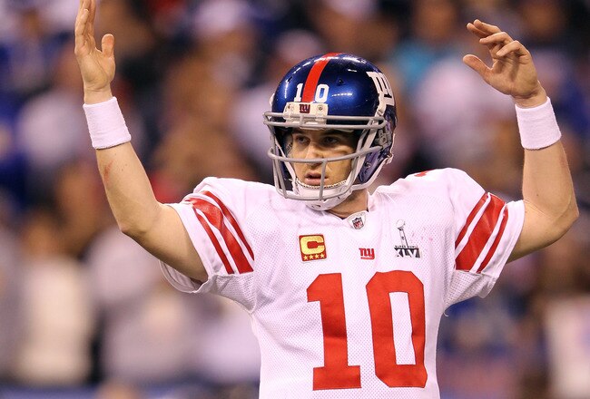 INDIANAPOLIS, IN - FEBRUARY 05:  Eli Manning #10 of the New York Giants reacts against the New England Patriots during Super Bowl XLVI at Lucas Oil Stadium on February 5, 2012 in Indianapolis, Indiana.  (Photo by Jamie Squire/Getty Images)