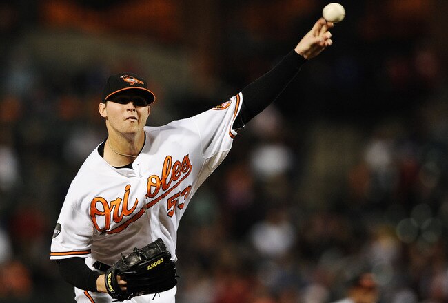 BALTIMORE, MD - SEPTEMBER 17: Starting pitcher Zach Britton #53 of the Baltimore Orioles works the first inning against the Los Angeles Angels of Anaheim at Oriole Park at Camden Yards on September 17, 2011 in Baltimore, Maryland. (Photo by Patrick Smith/Getty Images)
